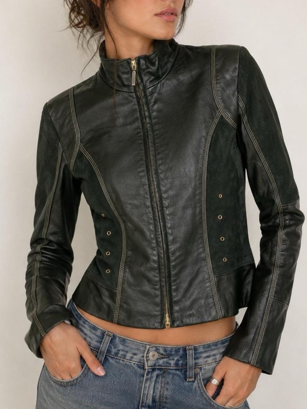 Vintage Adrienne Vittadini Dark Green Leather + Suede Jacket